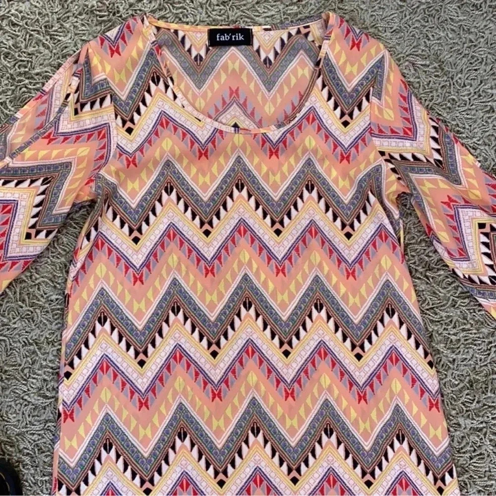 Fab’rik Boutique 70s Style Zig Zag Multi Color Pattern Dress- Size Small - Picture 3 of 5